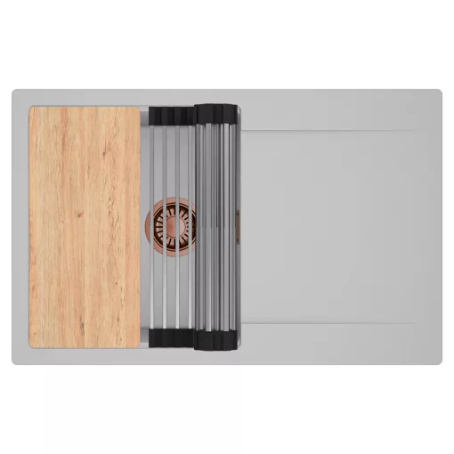 HD Onyx Grey 78 egymedencés gránit mosogatótálca szett, csepegtetőtálcával, vágódeszkával, acél csepegtetőráccsal, alpesi szürke színben, szálcsiszolt réz leeresztő szifonnal