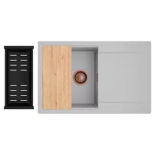 HD Onyx Grey 78 egymedencés gránit mosogatótálca szett, csepegtetőtálcával, vágódeszkával, matt fekete csepegtetőkosárral, alpesi szürke színben, szálcsiszolt réz leeresztő szifonnal