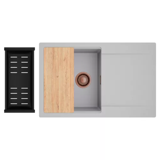 HD Onyx Grey 78 egymedencés gránit mosogatótálca szett, csepegtetőtálcával, vágódeszkával, matt fekete csepegtetőkosárral, alpesi szürke színben, szálcsiszolt réz leeresztő szifonnal