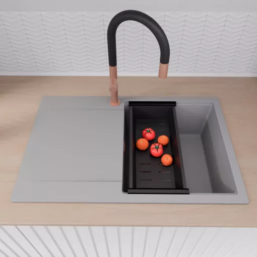 HD Onyx Grey 78 egymedencés gránit mosogatótálca szett, csepegtetőtálcával, vágódeszkával, matt fekete csepegtetőkosárral, alpesi szürke színben, szálcsiszolt réz leeresztő szifonnal