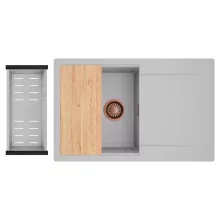 HD Onyx Grey 78 egymedencés gránit mosogatótálca szett, csepegtetőtálcával, vágódeszkával, acél csepegtetőkosárral, alpesi szürke színben, szálcsiszolt réz leeresztő szifonnal