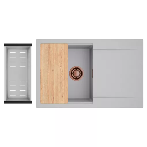 HD Onyx Grey 78 egymedencés gránit mosogatótálca szett, csepegtetőtálcával, vágódeszkával, acél csepegtetőkosárral, alpesi szürke színben, szálcsiszolt réz leeresztő szifonnal