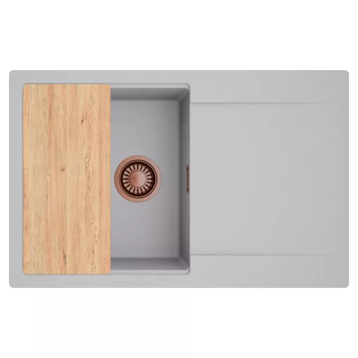 HD Onyx Grey 78 egymedencés gránit mosogatótálca, vágódeszkával, alpesi szürke színben, szálcsiszolt réz leeresztő szifonnal