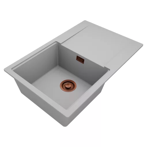 HD Onyx Grey 78 egymedencés gránit mosogatótálca, vágódeszkával, alpesi szürke színben, szálcsiszolt réz leeresztő szifonnal