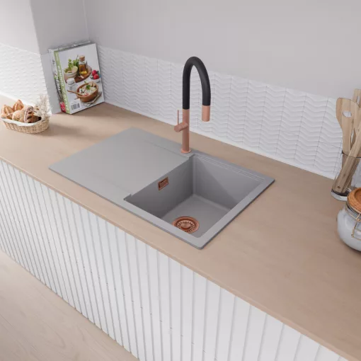 HD Onyx Grey 78 egymedencés gránit mosogatótálca, vágódeszkával, alpesi szürke színben, szálcsiszolt réz leeresztő szifonnal