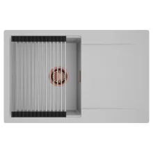 HD Onyx Grey 78 egymedencés mosogatótálca szett, acél csepegtetőráccsal, csepegtetőtálcával, alpesi szürke színben, szálcsiszolt réz leeresztő szifonnal