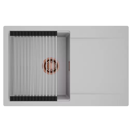 HD Onyx Grey 78 egymedencés mosogatótálca szett, acél csepegtetőráccsal, csepegtetőtálcával, alpesi szürke színben, szálcsiszolt réz leeresztő szifonnal