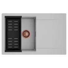 HD Onyx Grey 78 egymedencés mosogatótálca szett, matt fekete csepegtetőkosárral, csepegtetőtálcával, alpesi szürke színben, szálcsiszolt réz leeresztő szifonnal