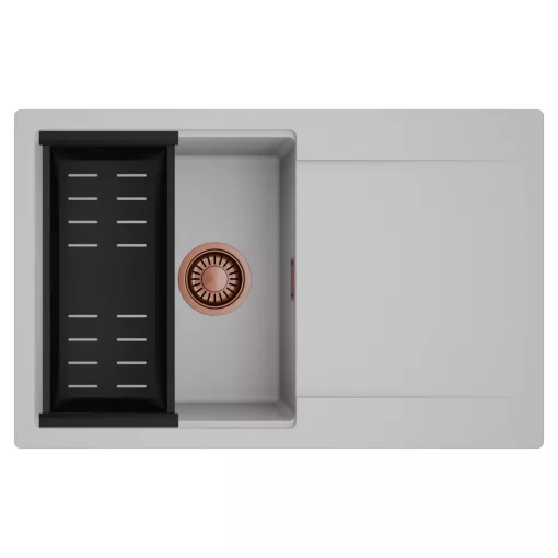 HD Onyx Grey 78 egymedencés mosogatótálca szett, matt fekete csepegtetőkosárral, csepegtetőtálcával, alpesi szürke színben, szálcsiszolt réz leeresztő szifonnal