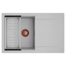 HD Onyx Grey 78 egymedencés mosogatótálca szett, acél csepegtetőkosárral, csepegtetőtálcával, alpesi szürke színben, szálcsiszolt réz leeresztő szifonnal