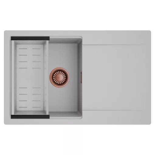 HD Onyx Grey 78 egymedencés mosogatótálca szett, acél csepegtetőkosárral, csepegtetőtálcával, alpesi szürke színben, szálcsiszolt réz leeresztő szifonnal