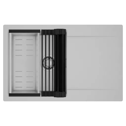 HD Onyx Grey 78 egymedencés mosogatótálca szett, matt fekete csepegtetőráccsal és krómozott kosárral, csepegtetőtálcával, alpesi szürke színben