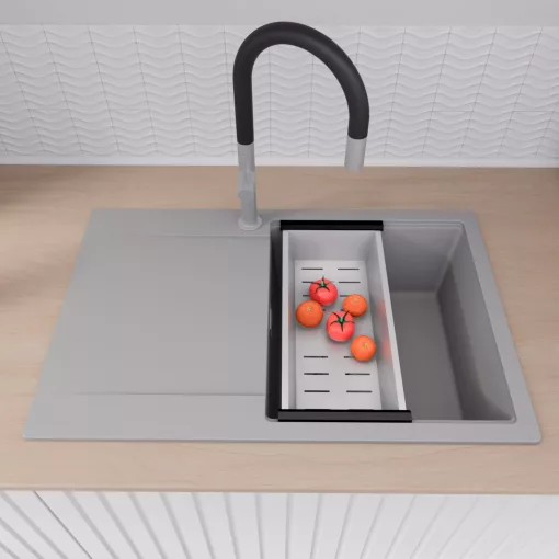 HD Onyx Grey 78 egymedencés gránit mosogatótálca szett, csepegtetőtálcával, vágódeszkával, matt fekete csepegtetőráccsal és krómozott kosárral, alpesi szürke színben