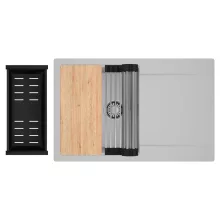 HD Onyx Grey 78 egymedencés gránit mosogatótálca szett, csepegtetőtálcával, vágódeszkával, acél csepegtetőráccsal és matt fekete kosárral, alpesi szürke színben