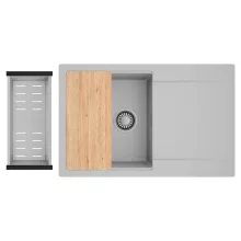 HD Onyx Grey 78 egymedencés gránit mosogatótálca szett, csepegtetőtálcával, vágódeszkával, acél csepegtetőkosárral, alpesi szürke színben