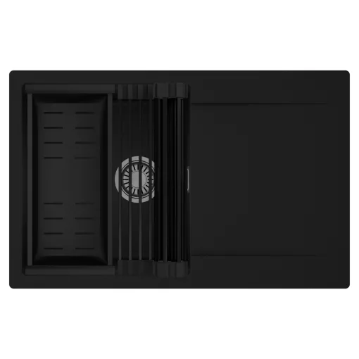 HD Onyx Black 78 egymedencés mosogatótálca szett, matt fekete csepegtetőráccsal és kosárral, csepegtetőtálcával, matt fekete színben, szálcsiszolt króm leeresztő szifonnal