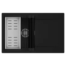 HD Onyx Black 78 egymedencés mosogatótálca szett, matt fekete csepegtetőráccsal és krómozott kosárral, csepegtetőtálcával, matt fekete színben, szálcsiszolt króm leeresztő szifonnal