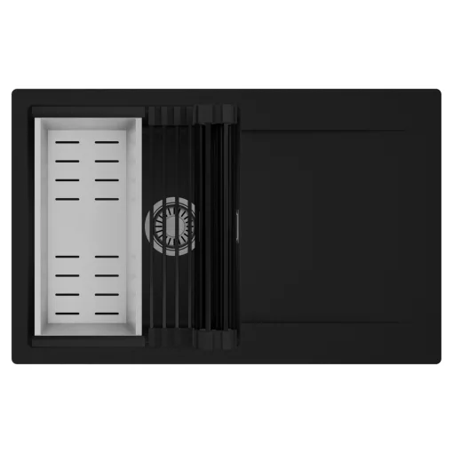 HD Onyx Black 78 egymedencés mosogatótálca szett, matt fekete csepegtetőráccsal és krómozott kosárral, csepegtetőtálcával, matt fekete színben, szálcsiszolt króm leeresztő szifonnal