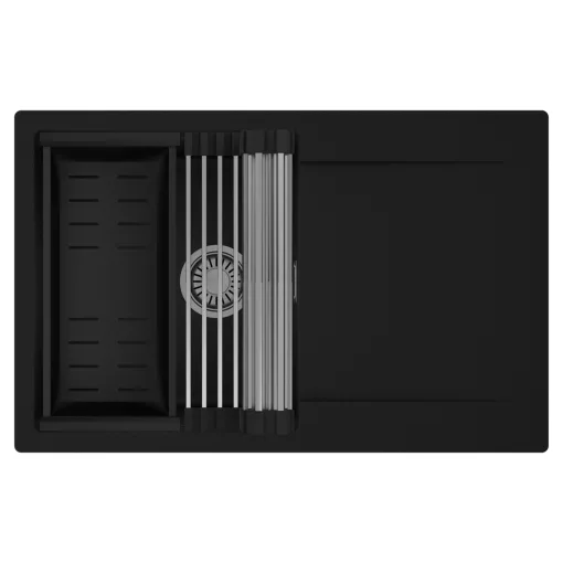 HD Onyx Black 78 egymedencés mosogatótálca szett, acél csepegtetőráccsal és matt fekete kosárral, csepegtetőtálcával, matt fekete színben, szálcsiszolt króm leeresztő szifonnal