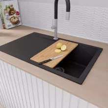 HD Onyx Black 78 egymedencés gránit mosogatótálca szett, csepegtetőtálcával, vágódeszkával, matt fekete csepegtetőráccsal és kosárral, matt fekete színben, szálcsiszolt króm leeresztő szifonnal