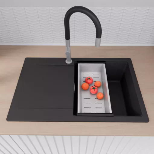 HD Onyx Black 78 egymedencés gránit mosogatótálca szett, csepegtetőtálcával, vágódeszkával, matt fekete csepegtetőráccsal és krómozott kosárral, matt fekete színben, szálcsiszolt króm leeresztő szifonnal