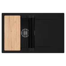 HD Onyx Black 78 egymedencés gránit mosogatótálca szett, csepegtetőtálcával, vágódeszkával, matt fekete csepegtetőráccsal, matt fekete színben, szálcsiszolt króm leeresztő szifonnal