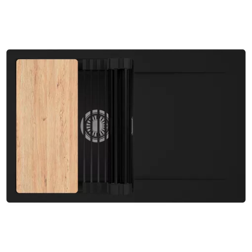 HD Onyx Black 78 egymedencés gránit mosogatótálca szett, csepegtetőtálcával, vágódeszkával, matt fekete csepegtetőráccsal, matt fekete színben, szálcsiszolt króm leeresztő szifonnal