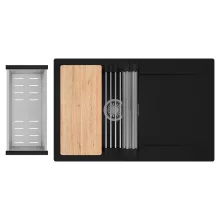 HD Onyx Black 78 egymedencés gránit mosogatótálca szett, csepegtetőtálcával, vágódeszkával, acél csepegtetőráccsal és kosárral, matt fekete színben, szálcsiszolt króm leeresztő szifonnal