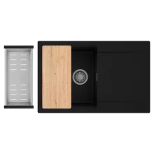 HD Onyx Black 78 egymedencés gránit mosogatótálca szett, csepegtetőtálcával, vágódeszkával, acél csepegtetőkosárral, matt fekete színben, szálcsiszolt króm leeresztő szifonnal