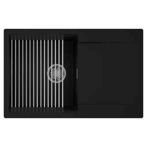 HD Onyx Black 78 egymedencés mosogatótálca szett, acél csepegtetőráccsal, csepegtetőtálcával, matt fekete színben, szálcsiszolt króm leeresztő szifonnal