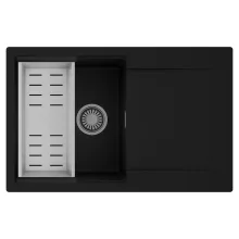 HD Onyx Black 78 egymedencés mosogatótálca szett, acél csepegtetőkosárral, csepegtetőtálcával, matt fekete színben, szálcsiszolt króm leeresztő szifonnal