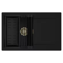 HD Onyx Black 78 egymedencés mosogatótálca szett, matt fekete csepegtetőráccsal és kosárral, csepegtetőtálcával, matt fekete színben, szálcsiszolt arany leeresztő szifonnal