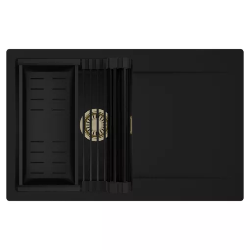 HD Onyx Black 78 egymedencés mosogatótálca szett, matt fekete csepegtetőráccsal és kosárral, csepegtetőtálcával, matt fekete színben, szálcsiszolt arany leeresztő szifonnal
