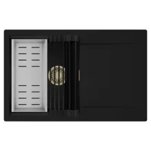 HD Onyx Black 78 egymedencés mosogatótálca szett, matt fekete csepegtetőráccsal és krómozott kosárral, csepegtetőtálcával, matt fekete színben, szálcsiszolt arany leeresztő szifonnal