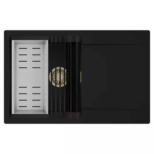 HD Onyx Black 78 egymedencés mosogatótálca szett, matt fekete csepegtetőráccsal és krómozott kosárral, csepegtetőtálcával, matt fekete színben, szálcsiszolt arany leeresztő szifonnal