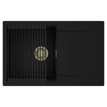 HD Onyx Black 78 egymedencés mosogatótálca szett, matt fekete csepegtetőráccsal, csepegtetőtálcával, matt fekete színben, szálcsiszolt arany leeresztő szifonnal