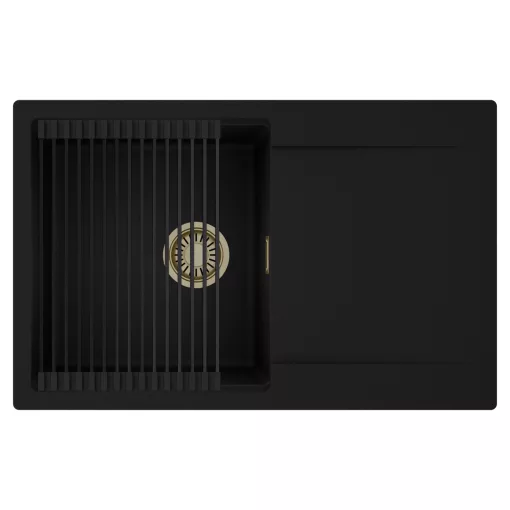 HD Onyx Black 78 egymedencés mosogatótálca szett, matt fekete csepegtetőráccsal, csepegtetőtálcával, matt fekete színben, szálcsiszolt arany leeresztő szifonnal