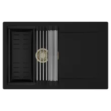 HD Onyx Black 78 egymedencés mosogatótálca szett, acél csepegtetőráccsal és matt fekete kosárral, csepegtetőtálcával, matt fekete színben, szálcsiszolt arany leeresztő szifonnal