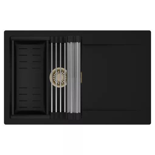 HD Onyx Black 78 egymedencés mosogatótálca szett, acél csepegtetőráccsal és matt fekete kosárral, csepegtetőtálcával, matt fekete színben, szálcsiszolt arany leeresztő szifonnal