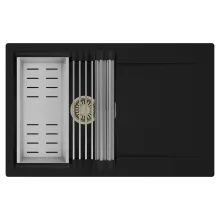 HD Onyx Black 78 egymedencés mosogatótálca szett, acél csepegtetőráccsal és kosárral, csepegtetőtálcával, matt fekete színben, szálcsiszolt arany leeresztő szifonnal