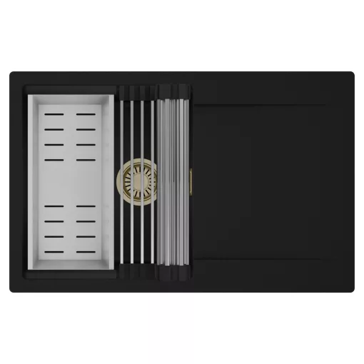 HD Onyx Black 78 egymedencés mosogatótálca szett, acél csepegtetőráccsal és kosárral, csepegtetőtálcával, matt fekete színben, szálcsiszolt arany leeresztő szifonnal