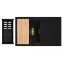 HD Onyx Black 78 egymedencés gránit mosogatótálca szett, csepegtetőtálcával, vágódeszkával, matt fekete csepegtetőráccsal és kosárral, matt fekete színben, szálcsiszolt arany leeresztő szifonnal