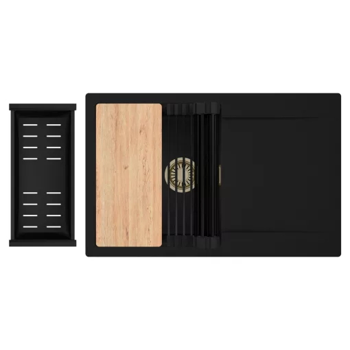 HD Onyx Black 78 egymedencés gránit mosogatótálca szett, csepegtetőtálcával, vágódeszkával, matt fekete csepegtetőráccsal és kosárral, matt fekete színben, szálcsiszolt arany leeresztő szifonnal