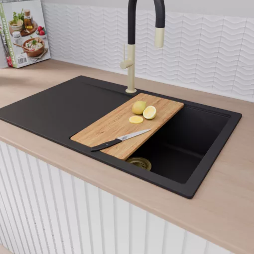 HD Onyx Black 78 egymedencés gránit mosogatótálca szett, csepegtetőtálcával, vágódeszkával, matt fekete csepegtetőráccsal és kosárral, matt fekete színben, szálcsiszolt arany leeresztő szifonnal