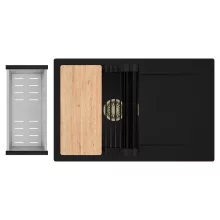 HD Onyx Black 78 egymedencés gránit mosogatótálca szett, csepegtetőtálcával, vágódeszkával, matt fekete csepegtetőráccsal és krómozott kosárral, matt fekete színben, szálcsiszolt arany leeresztő szifonnal