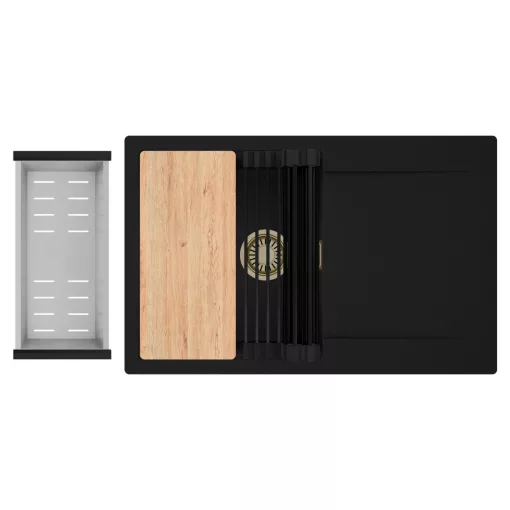 HD Onyx Black 78 egymedencés gránit mosogatótálca szett, csepegtetőtálcával, vágódeszkával, matt fekete csepegtetőráccsal és krómozott kosárral, matt fekete színben, szálcsiszolt arany leeresztő szifonnal