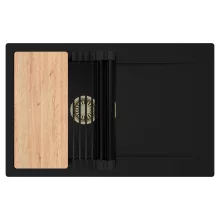 HD Onyx Black 78 egymedencés gránit mosogatótálca szett, csepegtetőtálcával, vágódeszkával, matt fekete csepegtetőráccsal, matt fekete színben, szálcsiszolt arany leeresztő szifonnal