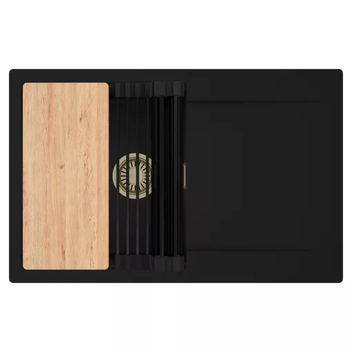 HD Onyx Black 78 egymedencés gránit mosogatótálca szett, csepegtetőtálcával, vágódeszkával, matt fekete csepegtetőráccsal, matt fekete színben, szálcsiszolt arany leeresztő szifonnal