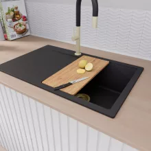 HD Onyx Black 78 egymedencés gránit mosogatótálca szett, csepegtetőtálcával, vágódeszkával, matt fekete csepegtetőráccsal, matt fekete színben, szálcsiszolt arany leeresztő szifonnal