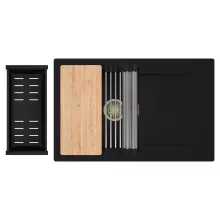 HD Onyx Black 78 egymedencés gránit mosogatótálca szett, csepegtetőtálcával, vágódeszkával, acél csepegtetőráccsal és matt fekete kosárral, matt fekete színben, szálcsiszolt arany leeresztő szifonnal